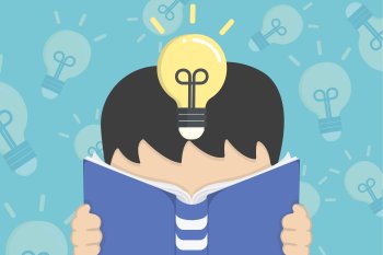 Zeichnung eines Studenten, der ein Buch liest. Über seinem Kopf ist eine Glühbirne zu sehen